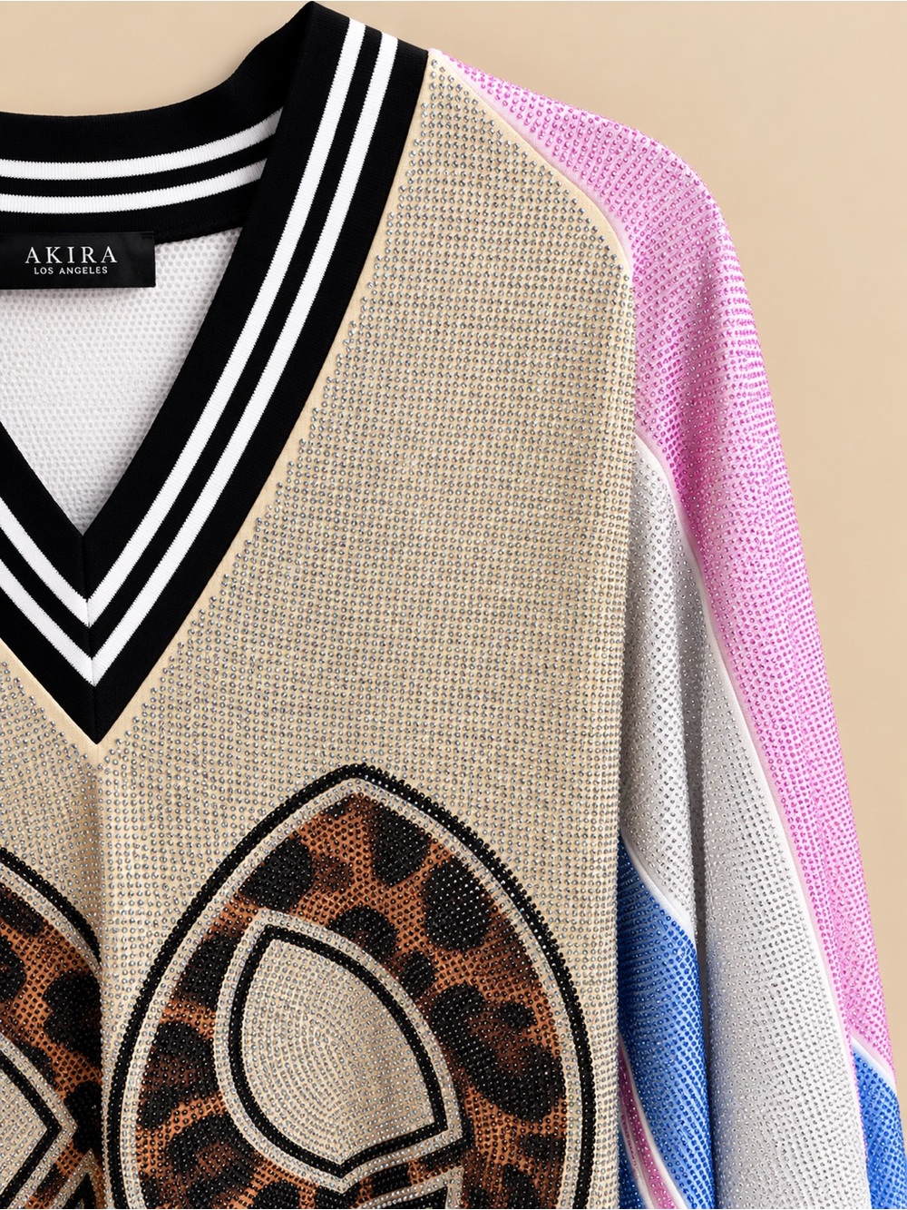 AKIRA V-Neck Sequin Sweater with Leopard 99 Appliqué - Pink, Blue, Cream - Picture 4 of 4